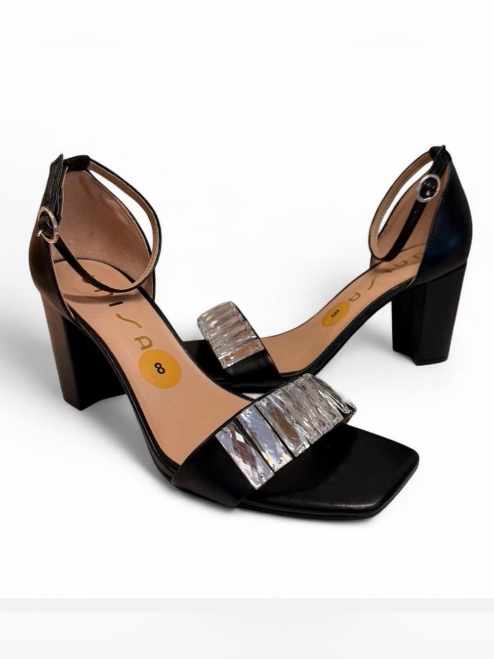 Black Ankle-Strap 3” Block Heel with Jewel Accent